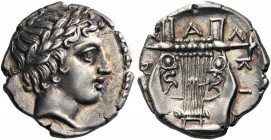 MACEDON, Chalkidian League. Circa 383/2 BC. Tetrobol (Silver, 15 mm, 2.39 g, 12 h), Olynthos, 383/2. Laureate head of Apollo to right. Rev. ΧΑΛΚΙΔΕΩΝ ...