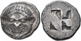 MACEDON. Neapolis. Circa 500-480 BC. Stater (Silver, 21 mm, 9.72 g). Facing head of a Gorgon with gnashing teeth and protruding tongue. Rev. Quadripar...