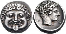 MACEDON. Neapolis. Circa 424-350 BC. Drachm (Silver, 16.5 mm, 3.82 g, 12 h). Gorgoneion facing with protruding tongue. Rev. Ν-Ε / Ο-Π Head of the nymp...