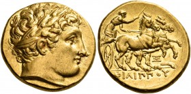 KINGS OF MACEDON. Philip II, 359-336 BC. Stater (Gold, 18.5 mm, 8.58 g, 3 h), Abydos, struck under Philip III, 323-317, probably prior to 319. Laureat...