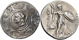 KINGS OF MACEDON. Antigonos II Gonatas, 277/6-239 BC. Tetradrachm (Silver, 30 mm, 17.06 g, 3 h), Pella, circa 274. Horned head of Pan to left, wearing...