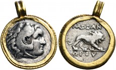 MACEDON. Koinon of Macedon. Time of Severus Alexander, 222-235. Medallion (Silver, 16x20.5 mm, 2.96 g, 11 h), the weight includes the gold ring mount ...