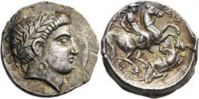 KINGS OF PAEONIA. Patraos, Circa 335-315 BC. Tetradrachm (Silver, 24 mm, 12.82 g, 4 h). Laureate head of Apollo to right. Rev. Π-[Ο]-ΡΤΑΥ Paeonian hor...