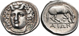 THESSALY. Larissa. Circa 356-342 BC. Drachm (Silver, 20 mm, 6.14 g, 6 h). Head of the nymph Larissa facing, turned slightly to the left, wearing ampyx...