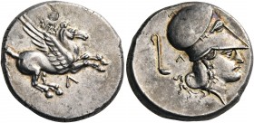 AKARNANIA. Leukas. Circa 350-320 BC. Stater (Silver, 21 mm, 8.46 g, 5 h). Pegasus with straight wings flying to right; below, Λ. Rev. Head of Athena t...