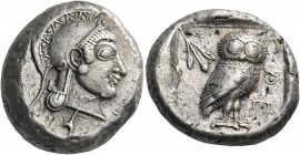 ATTICA. Athens. Circa 510-500/490 BC. Tetradrachm (Silver, 24 mm, 17.65 g, 8 h). Head of Athena to right, wearing crested Attic helmet, with an undeco...