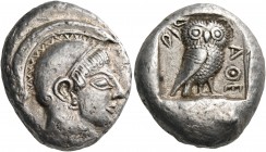 ATTICA. Athens. 500-490 BC. Tetradrachm (Silver, 25 mm, 17.75 g, 12 h). Archaic head of Athena to right, wearing an Attic helmet with a crest attached...