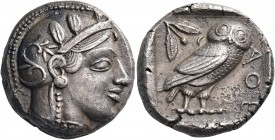 ATTICA. Athens. Circa 449-445 BC. Tetradrachm (Silver, 23 mm, 16.96 g, 11 h). Head of Athena to right, wearing crested Attic helmet with a small and d...