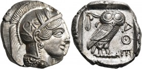 ATTICA. Athens. Circa 449-404 BC. Tetradrachm (Silver, 27.5 mm, 17.24 g, 3 h), 430s-420s. Head of Athena to right, wearing a crested Attic helmet ador...