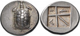 ISLANDS OFF ATTICA, Aegina. Circa 350-338 BC. Stater (Silver, 33 mm, 12.25 g). Tortoise seen from above. Rev. Incuse square divided by skew-pattern in...