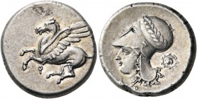 CORINTHIA. Corinth. Mid 4th century BC. Stater (Silver, 21 mm, 8.60 g, 3 h). Pegasus, with pointed wing, flying to left; below, Ϙ. Rev. Α - Ρ Head of ...