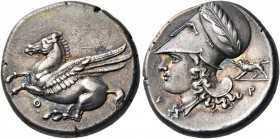 CORINTHIA. Corinth. Circa 345-307 BC. Stater (Silver, 21 mm, 8.62 g, 1 h). Pegasus flying to left with pointed wing, below Ϙ. Rev. Α-Ρ Head of Aphrodi...