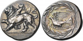SIKYONIA. Sikyon. Circa 335-330 BC. Stater (Silver, 23.5 mm, 12.21 g, 2 h). ΣΕ Chimaera moving to the left on ground line, right paw raised; above to ...