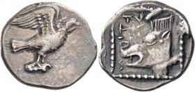 CRETE. Lyttos. Circa 320-270 BC. Stater (Silver, 25 mm, 10.57 g, 1 h). Eagle with spread wings flying to right, holding a prey animal in its talons. R...