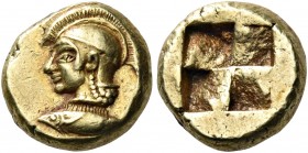 MYSIA. Kyzikos. Circa 550-500 BC. Hekte (Electrum, 10 mm, 2.68 g). Head of Athena to left, wearing crested Attic helmet; below neck, tunny fish to lef...
