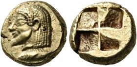 MYSIA. Kyzikos. Circa 550-500 BC. Hekte (Electrum, 10 mm, 2.71 g). Bearded male head to left; below, tunny fish to left. Rev. Quadripartite incuse squ...
