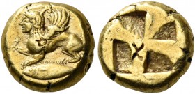 MYSIA. Kyzikos. Circa 550-500 BC. Hekte (Electrum, 10 mm, 2.70 g). Sphinx crouching to left; below, tunny fish to left. Rev. Quadripartite incuse squa...