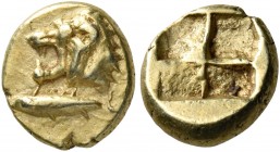 MYSIA. Kyzikos. Circa 500-450 BC. Hemihekte or 1/12 Stater (Electrum, 9 mm, 1.34 g). Head of a roaring lion to left; below, tunny swimming to left. Re...
