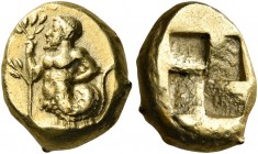 MYSIA. Kyzikos. 5th-4th century BC. Hekte (Electrum, 11.5 mm, 2.69 g). Kekrops to left, his body ending in a coiled serpent’s tail, leaning on an oliv...