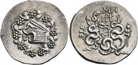 MYSIA. Pergamon. Circa 166-67 BC. Cistophoric Tetradrachm (Silver, 28 mm, 12.51 g, 1 h), c. 85-76. Cista mystica with half-open lid from which a serpe...