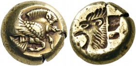 LESBOS. Mytilene. Circa 521-478 BC. Hekte (Electrum, 10 mm, 2.56 g, 6 h), c. 500-490. Forepart of a winged boar flying to right, with one wing above a...
