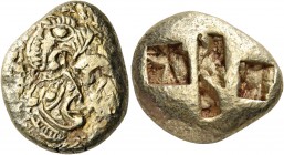 IONIA. Uncertain. Circa 600-550 BC. Stater (Electrum, 22 mm, 14.28 g), on the Milesian weight standard. On the left, two fierce looking animal heads w...