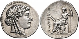 IONIA. Smyrna. Circa 220-190 BC. Drachm (19 mm, 4.21 g, 12 h). Laureate head of Apollo to right. Rev. ΣΜΥΡΝΑΙΩΝ Homer seated to left, bare to the wais...