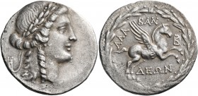 CARIA. Alabanda. Circa 168 -133 BC. Tridrachm (Silver, 28.5 mm, 11.02 g, 12 h), year Β = 2 = 166/5. Laureate head of Apollo to right. Rev. AΛA-BAN-ΔEΩ...