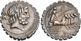 Q. Antonius Balbus, 83-82 BC. Denarius Serratus (Silver, 20 mm, 3.83 g, 5 h), Rome. Laureate head of Jupiter to right; behind his neck, S • C. Rev. Q ...