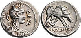 C. Hosidius C.f. Geta, 64 BC. Denarius (Silver, 18 mm, 3.96 g, 7 h), Rome. GETA - III VIR Draped bust of Diana to right, with bow and quiver over her ...