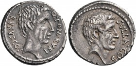 Q. Pompeius Rufus, 54 BC. Denarius (Silver, 17 mm, 3.77 g, 6 h), Rome. Q POM RVFI - RVFVS COS Bare head of the consul Q. Pompeius Rufus to right. Rev....