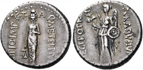 Q. Caecilius Metellus Pius Scipio and P. Licinius Crassus, 47-46 BC. Denarius (Silver, 17 mm, 4.05 g, 1 h), North Africa. Q·METEL· PIVS – SCIPIO·IMP L...