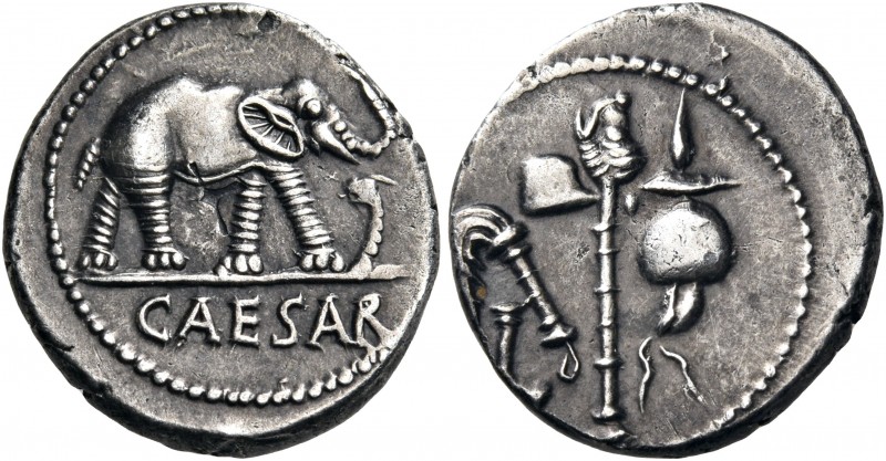 Julius Caesar, 49-48 BC. Denarius (Silver, 18 mm, 3.73 g, 6 h), mint moving with...