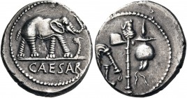 Julius Caesar, 49-48 BC. Denarius (Silver, 18 mm, 3.73 g, 6 h), mint moving with Caesar in Northern Italy. CAESAR Elephant to right, trampling horned ...