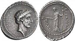 L. Flaminius Chilo and Julius Caesar, 43 BC. Denarius (Silver, 21 mm, 3.66 g, 5 h), Rome. Laureate head of Julius Caesar to right. Rev. L.FLAMINIVS II...