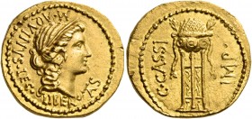 C. Cassius Longinus, 42 BC. Aureus (Gold, 19 mm, 8.08 g, 1 h), with the legate M. Aquinus, uncertain military mint, perhaps Smyrna. M.AQVINVS.LEG.LIBE...