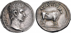 Augustus, 27 BC-AD 14. Denarius (Silver, 19 mm, 3.80 g, 1 h), Pergamon or Samos, 27 BC. CAESAR Bare head of Augustus to right. Rev. AVGVSTVS Bull stan...