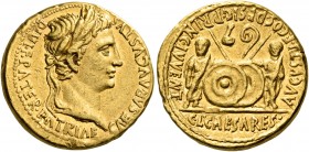 Augustus, 27 BC-AD 14. Aureus (Gold, 20 mm, 7.85 g, 11 h), Lugdunum, 2 BC-AD 4. CAESAR AVGVSTVS DIVI F PATER PATRIAE Laureate head of Augustus to righ...