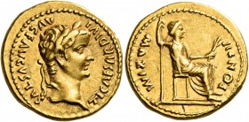 Tiberius, 14-37. Aureus (Gold, 19 mm, 7.74 g, 6 h), Lugdunum, circa 15-18. TI CAESAR DIVI AVG F AVGVSTVS Laureate head of Tiberius to right. Rev. PONT...