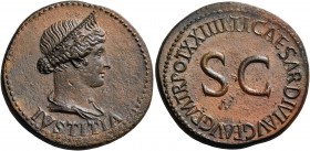Tiberius, 14-37. Dupondius (Orichalcum, 29 mm, 14.61 g, 6 h), Rome, 22-23. IVSTITIA Diademed and draped bust of Justitia to right. Rev. TI CAESAR DIVI...