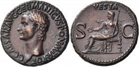 Gaius (Caligula), 37-41. As (Copper, 28 mm, 11.79 g, 7 h), Rome, 37-38. C CAESAR AVG GERMANICVS PON M TR POT Bare head of Gaius to left. Rev. VESTA / ...