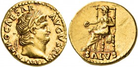 Nero, 54-68. Aureus (Gold, 18 mm, 7.29 g, 3 h), Rome, 66-67. IMP NERO CAESAR AVGVSTUS Laureate head of Nero to right, with slight beard. Rev. SALVS Sa...