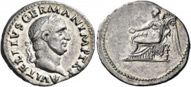 Vitellius, 69. Denarius (Silver, 20 mm, 3.37 g, 6 h), Rome, late April - 20 December 69. A VITELLIVS GERMAN IMP TR P Laureate head of Vitellius to rig...