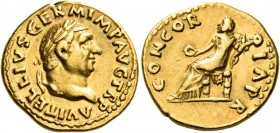 Vitellius, 69. Aureus (Gold, 19 mm, 7.29 g, 5 h), Rome. A VITELLIVS GERM IMP AVG TR P Laureate head of Vitellius to right. Rev. CONCOR-DIA PR Concordi...