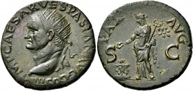 Vespasian, 69-79. Dupondius (Orichalcum, 27 mm, 10.59 g, 6 h), Lugdunum (Lyon), 72. IMP CAES VESPASIAN AVG COS IIII Radiate head of Vespasian to left....