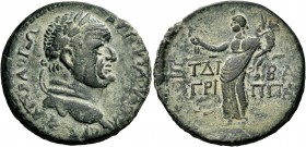 Herodians. Agrippa II, with Vespasian, 50-100 CE. (Bronze, 30 mm, 15.54 g, 12 h), Caesarea Maritima in Judaea, year IΔ (14) of the 2nd reign of Agripp...