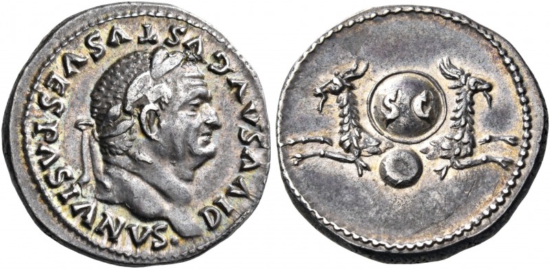 Divus Vespasian, died 79. Denarius (Silver, 18 mm, 3.14 g, 6 h), Rome, under Tit...