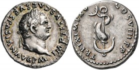 Titus, 79-81. Denarius (Silver, 18 mm, 3.49 g, 7 h), Rome, January - June 80. IMP TITVS CAESAR VESPASIAN AVG P M Laureate head of Titus to right. Rev....
