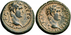 Titus, with Domitian as Caesar, 79-81. Hemiassarion (Bronze, 17.5 mm, 3.55 g, 10 h). Germe in Mysia. AYTO [Τ] ΓΕΡ ΚΑΙ Laureate head of Titus to right....