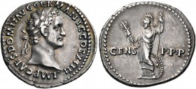 Domitian, 81-96. Denarius (Silver, 18.5 mm, 3.54 g, 5 h), Rome, 88. IMP CAES DOMIT AVG GERMANIC COS XIIII Laureate head of Domitian to right. Rev. CEN...